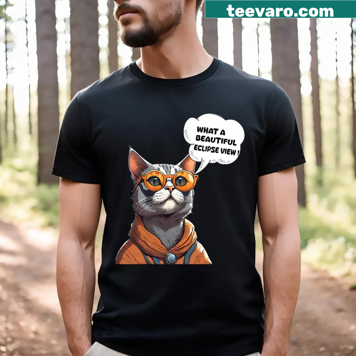 Cartoon cat observing a solar eclipse T-shirt — on a men's t-shirt