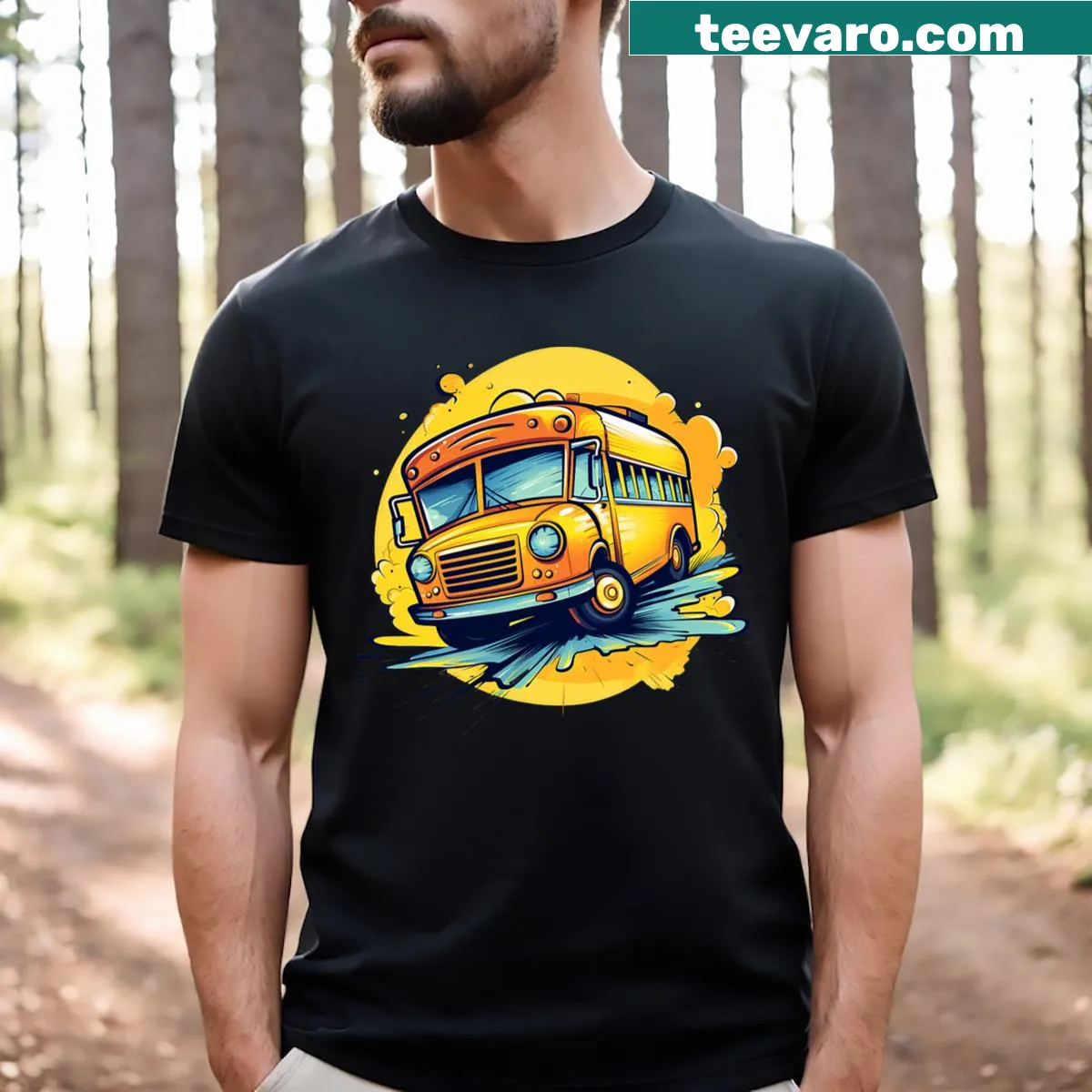 Cartoon school bus graphic T-shirt with smiling windows — on a men's t-shirt
