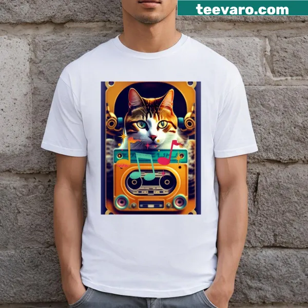 Illustration of a cat listening to a cassette tape on a t-shirt.