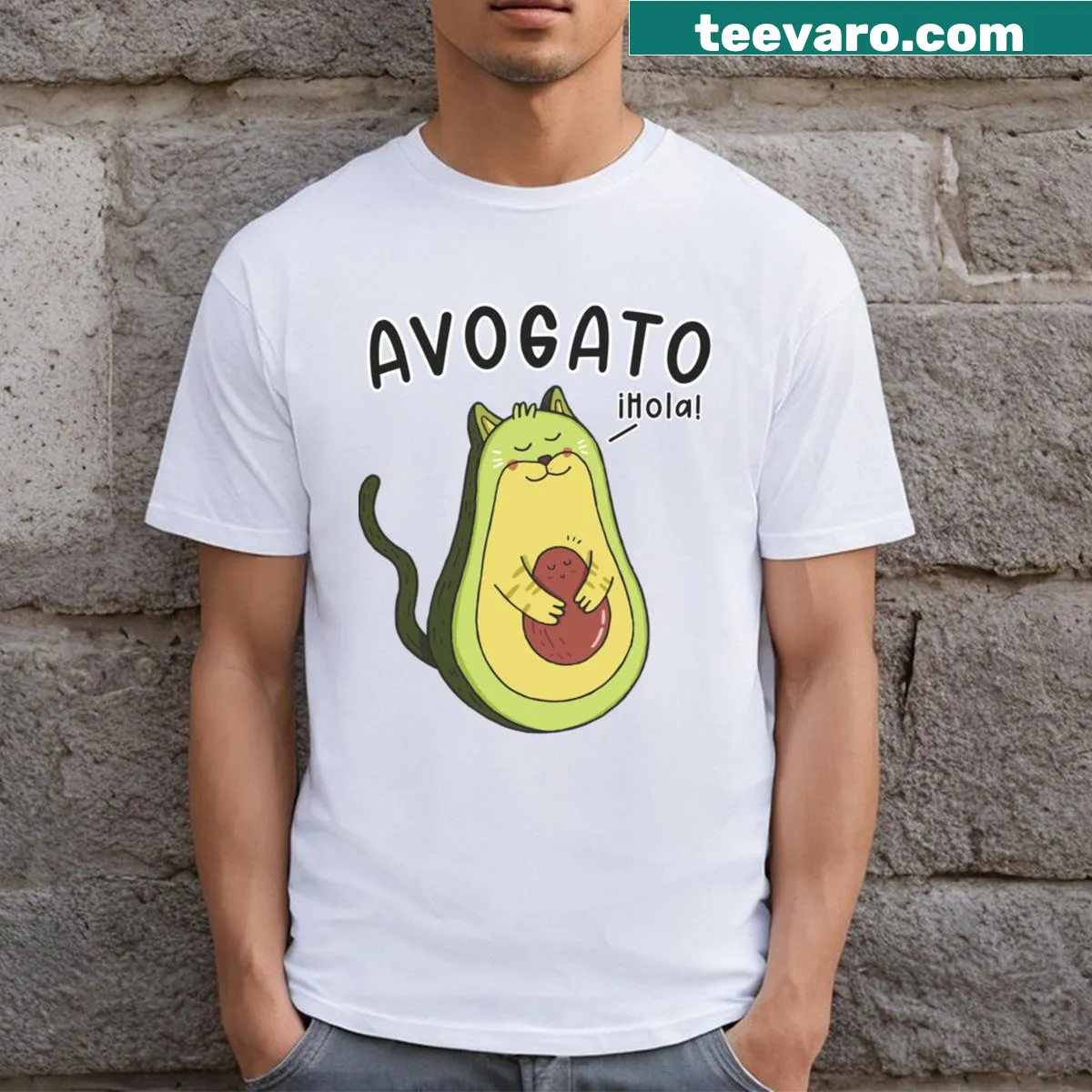 Funny Avogato graphic T-shirt with a cat and avocado theme — on a men's t-shirt