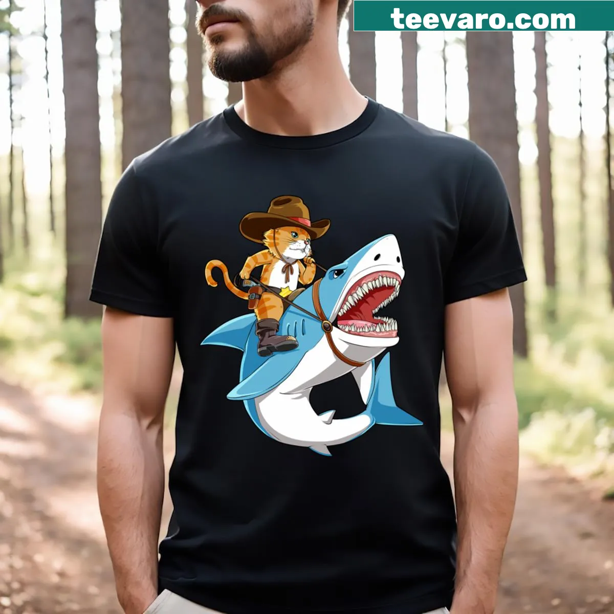 Illustration of a cat riding a shark with a cowboy hat — on a men's t-shirt
