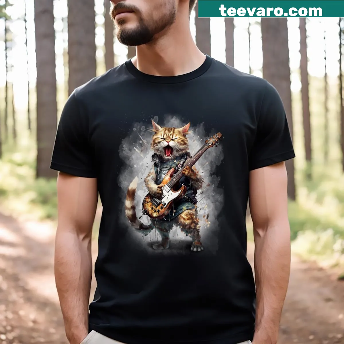 Funny cat t-shirt with a graphic of a cat singing with an electric guitar — on a men's t-shirt