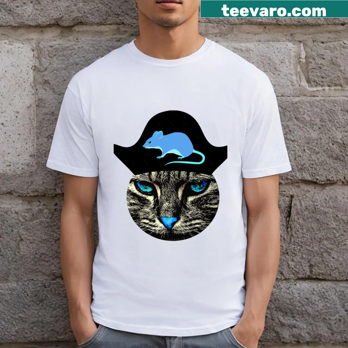 Cartoon graphic of a cute cat head on a T-shirt — on a men's t-shirt