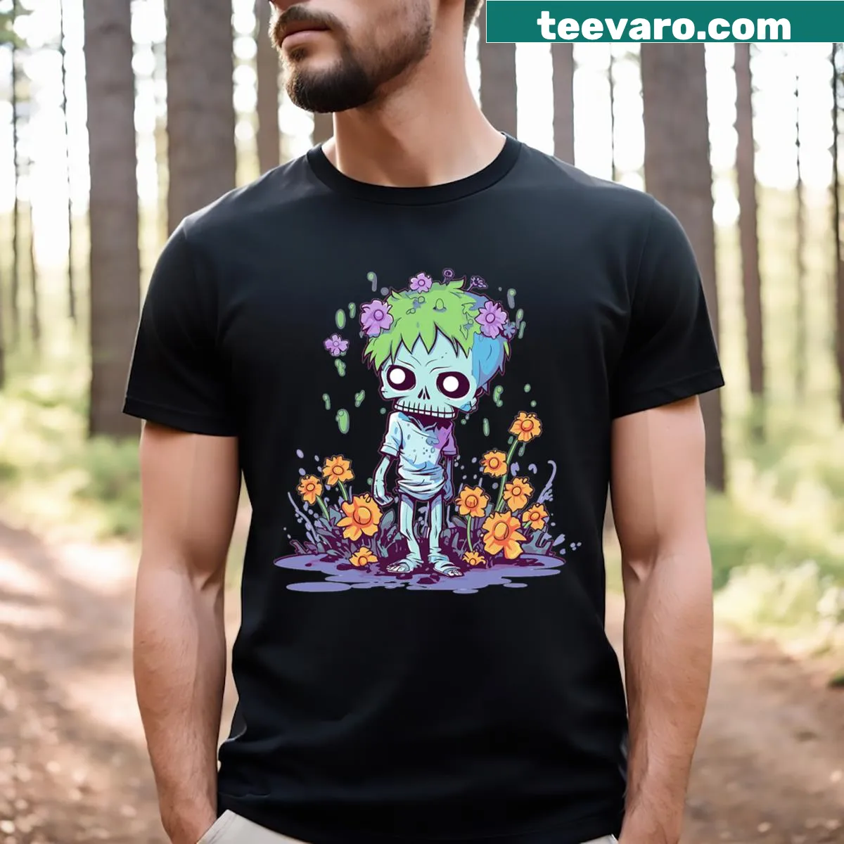 Cartoon zombie with flowers design on a kids' T-shirt — on a men's t-shirt
