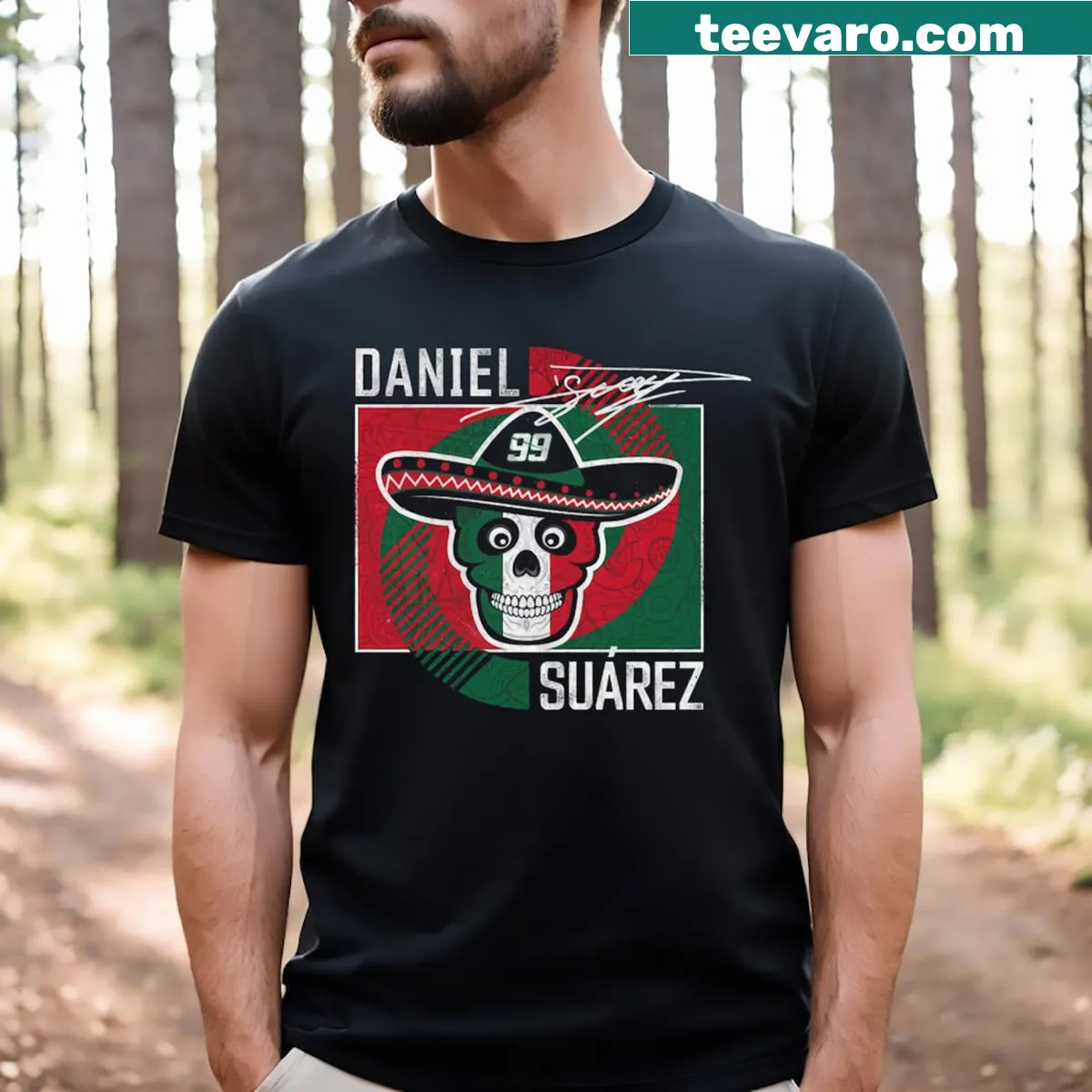 Minimalist typography shirt featuring Daniel Suarez's name — on a men's t-shirt