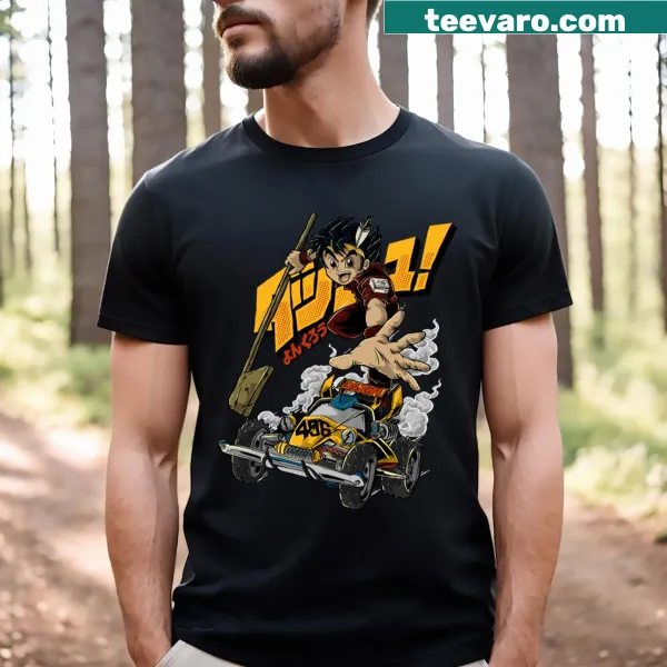 Playful cartoon graphic of Dash Mini 4wd on a t-shirt