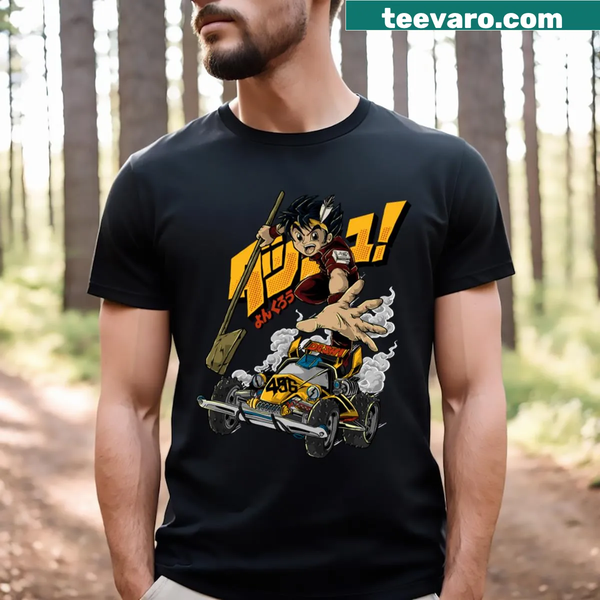 Playful cartoon graphic of Dash Mini 4wd on a t-shirt — on a men's t-shirt