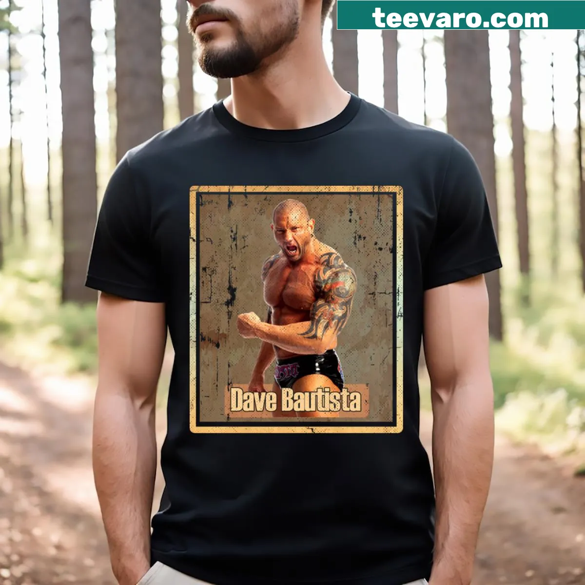 Artistic illustration of Dave Bautista on a graphic T-shirt — on a men's t-shirt
