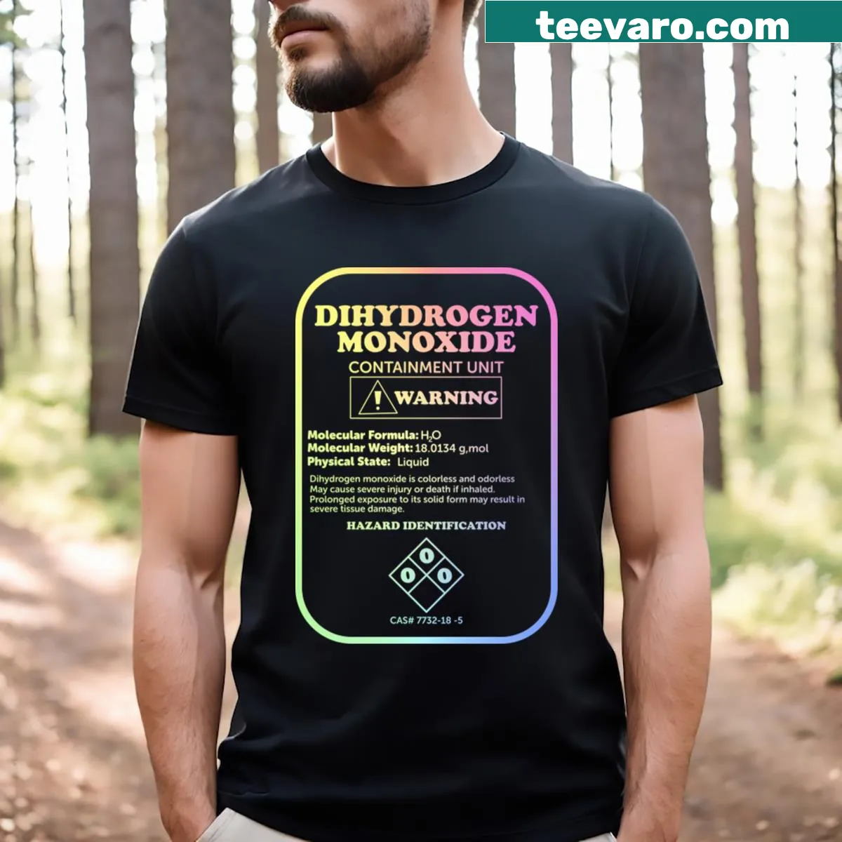 Text graphic warning about dihydrogen monoxide dangers — on a men's t-shirt