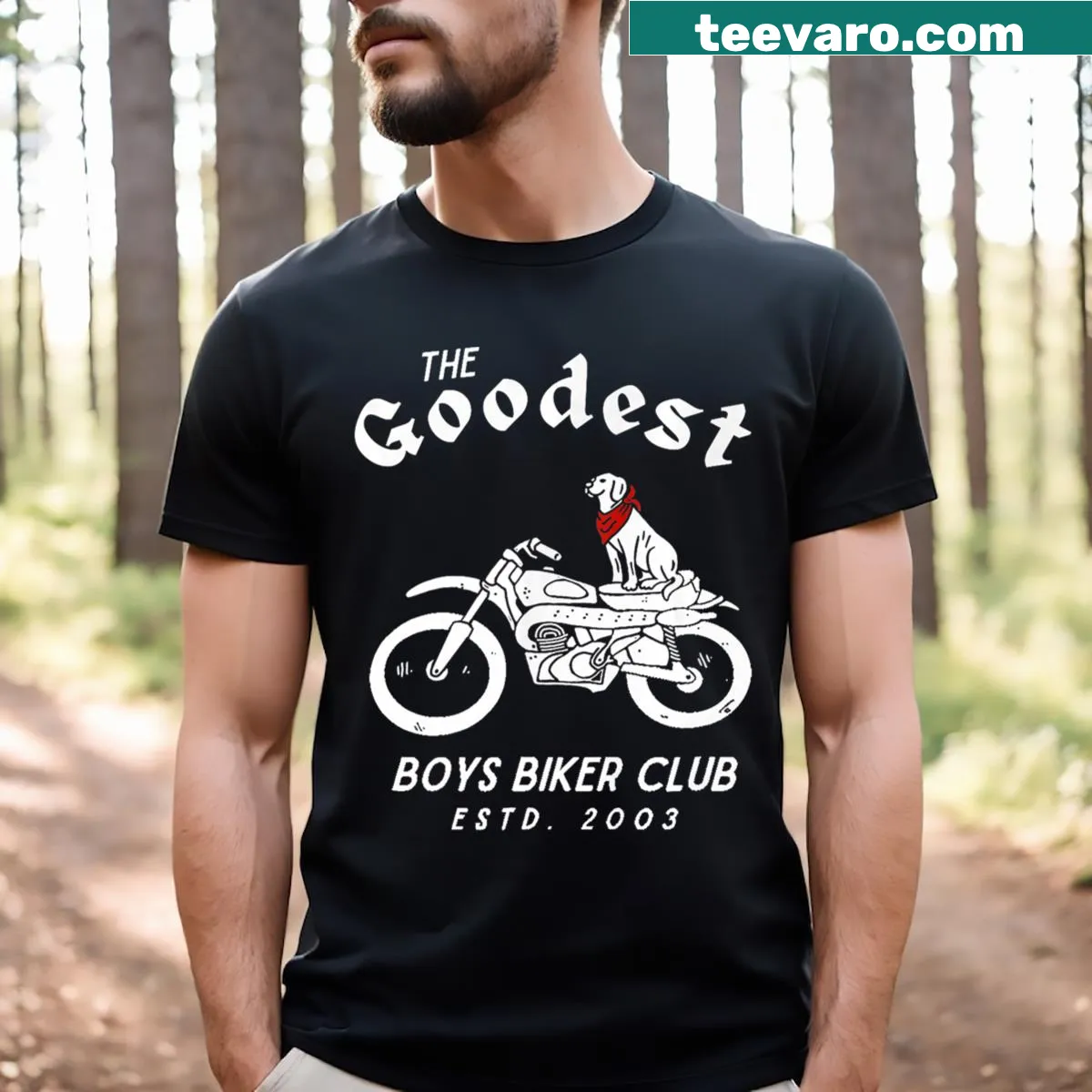 Vintage biker style t-shirt featuring a puppy and grunge elements — on a men's t-shirt