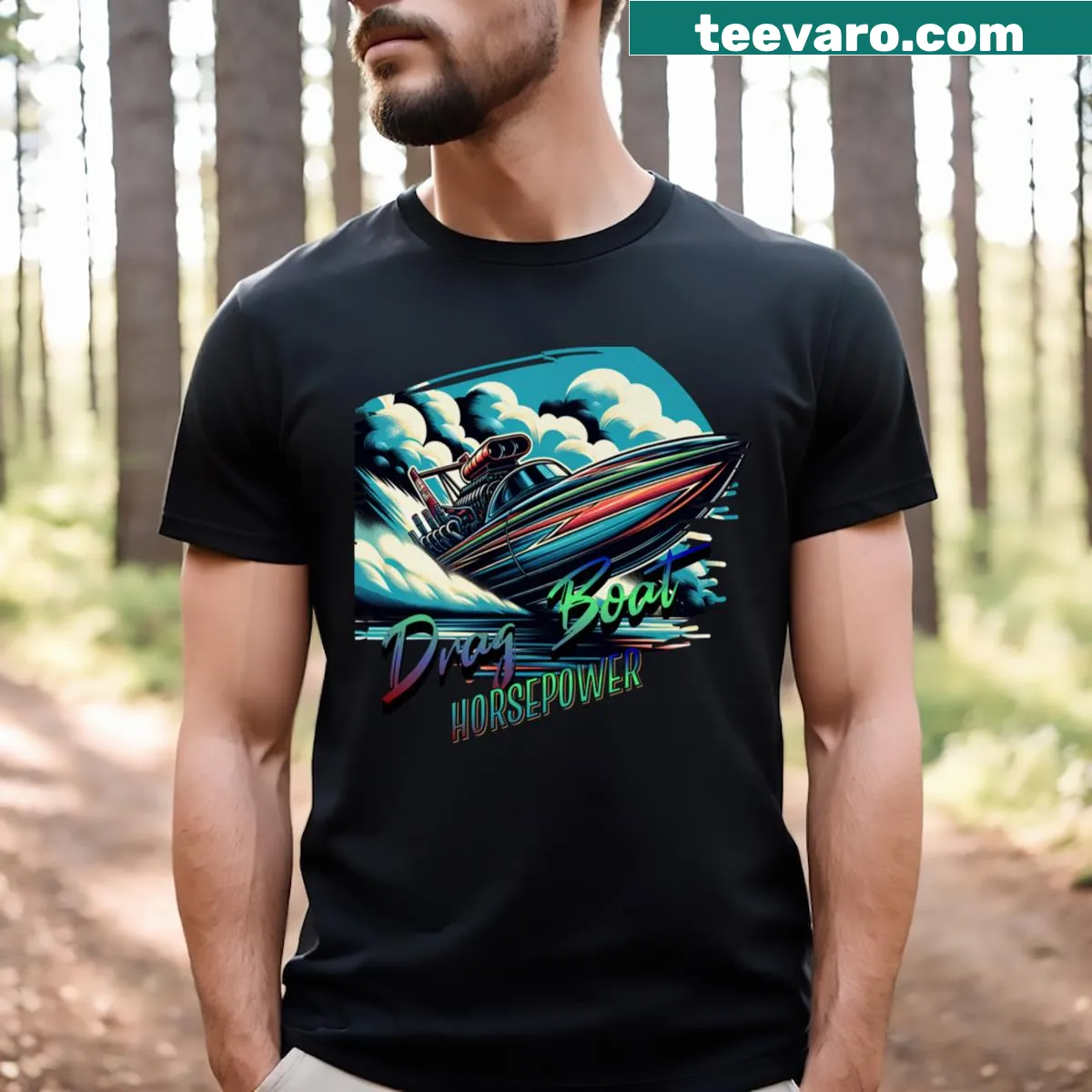 Bold graphic tee showcases drag boat racing and horsepower themes — on a men's t-shirt