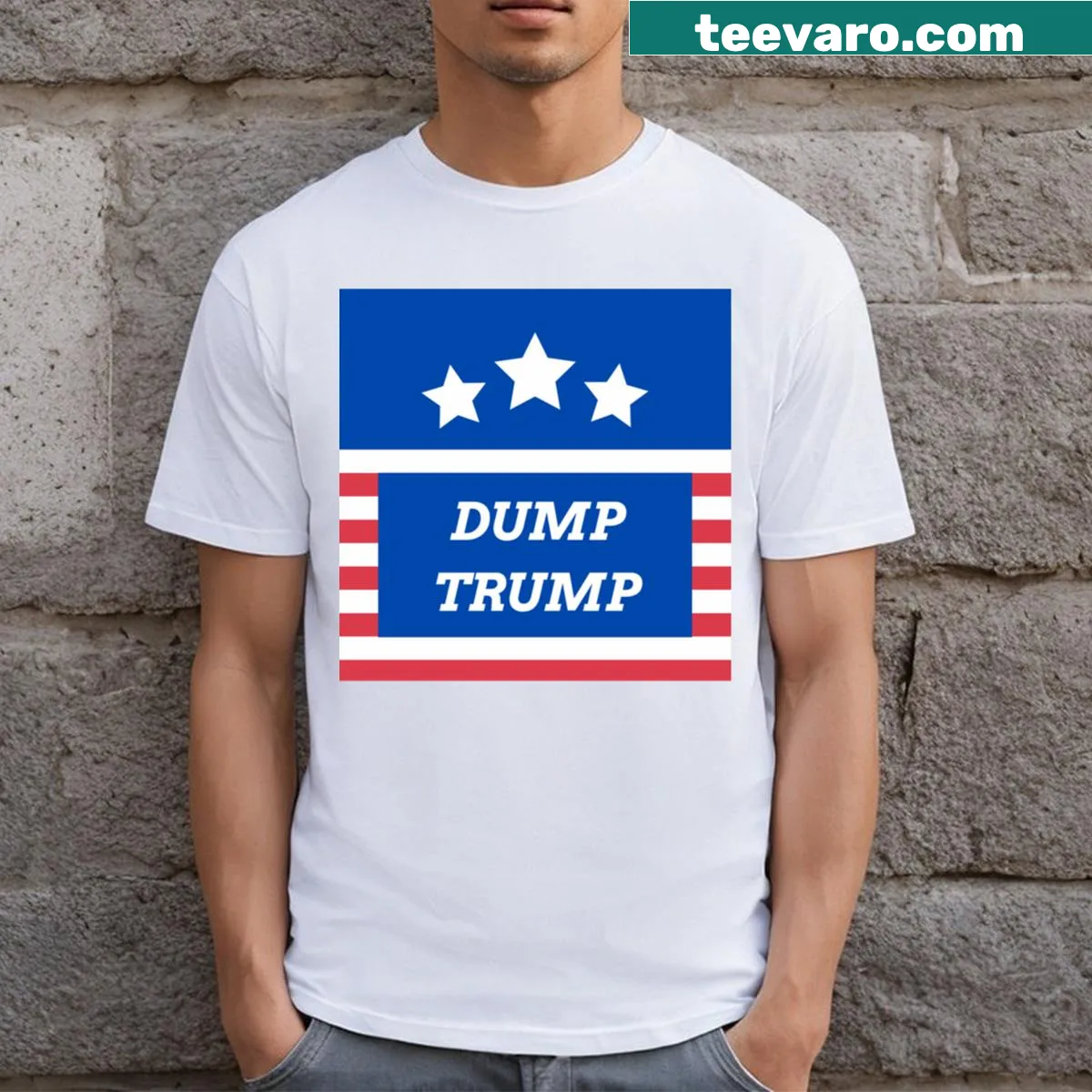 T-shirt featuring 'Dump Trump' design with stars and stripes motif — on a men's t-shirt