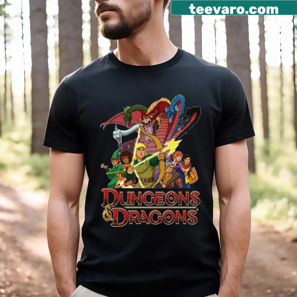 80s cartoon style T-shirt featuring Dungeons and Dragons graphic — on a men's t-shirt