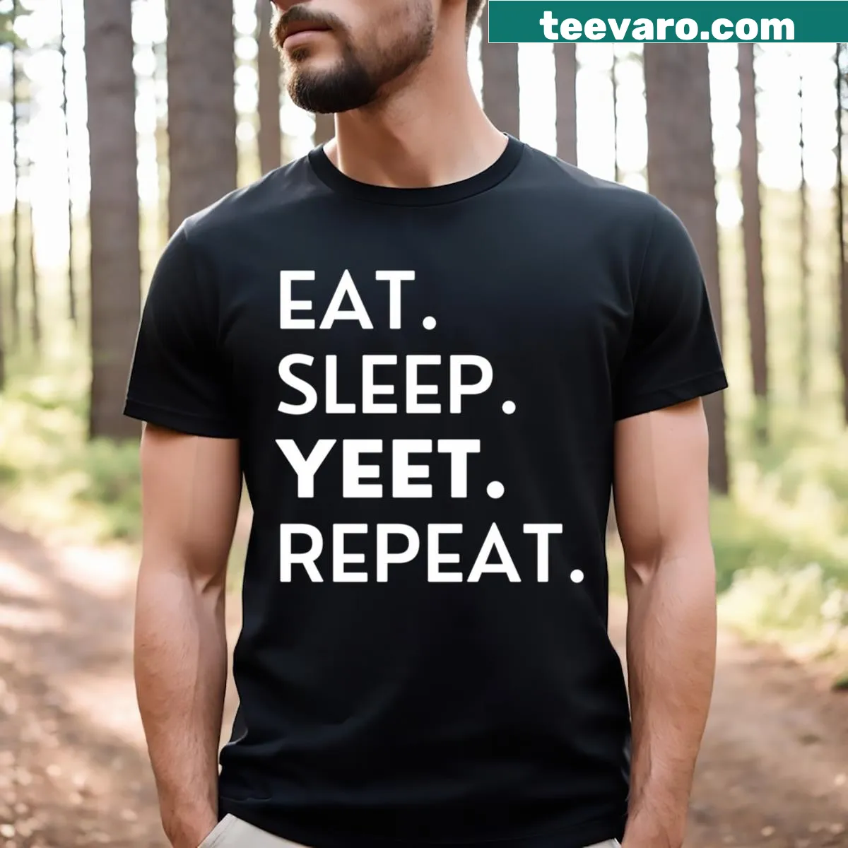 Funny T-shirt with the phrase 'Eat Sleep Yeet Repeat' in bold typography — on a men's t-shirt
