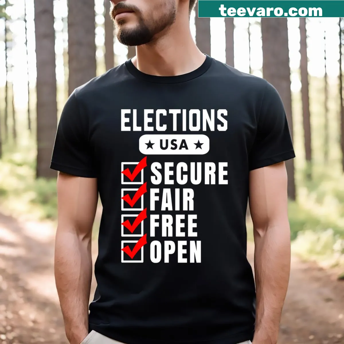 T-shirt with 'Election Security Bill Fair Free And Open' slogan — on a men's t-shirt