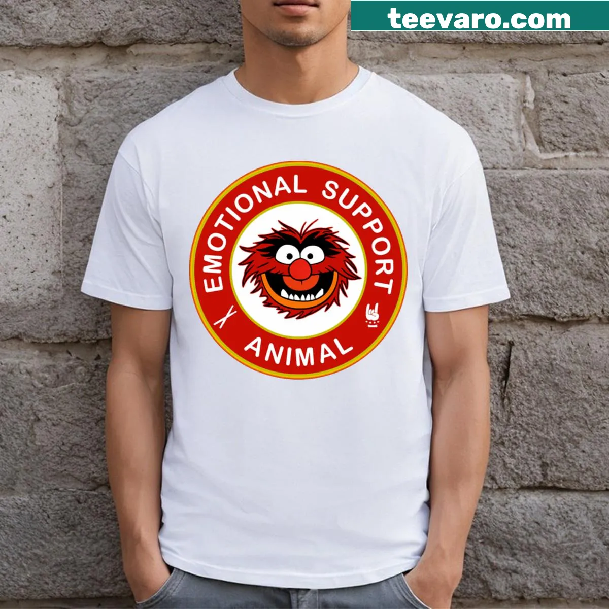 Illustrated T-shirt featuring Muppets and emotional support animal theme — on a men's t-shirt