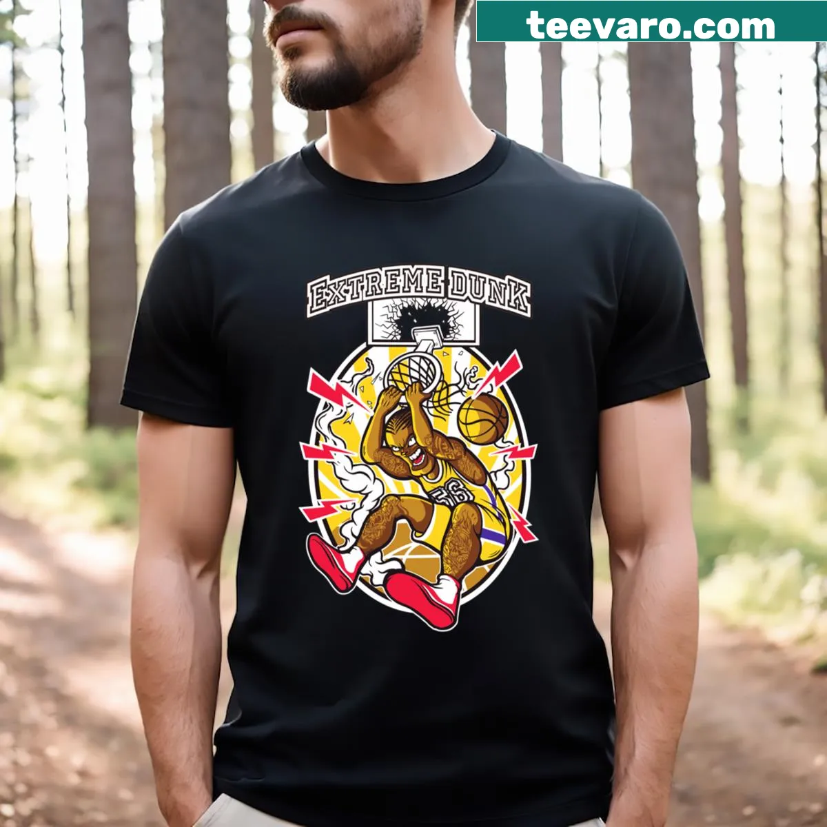Dynamic illustration of a basketball player dunking on a T-shirt — on a men's t-shirt