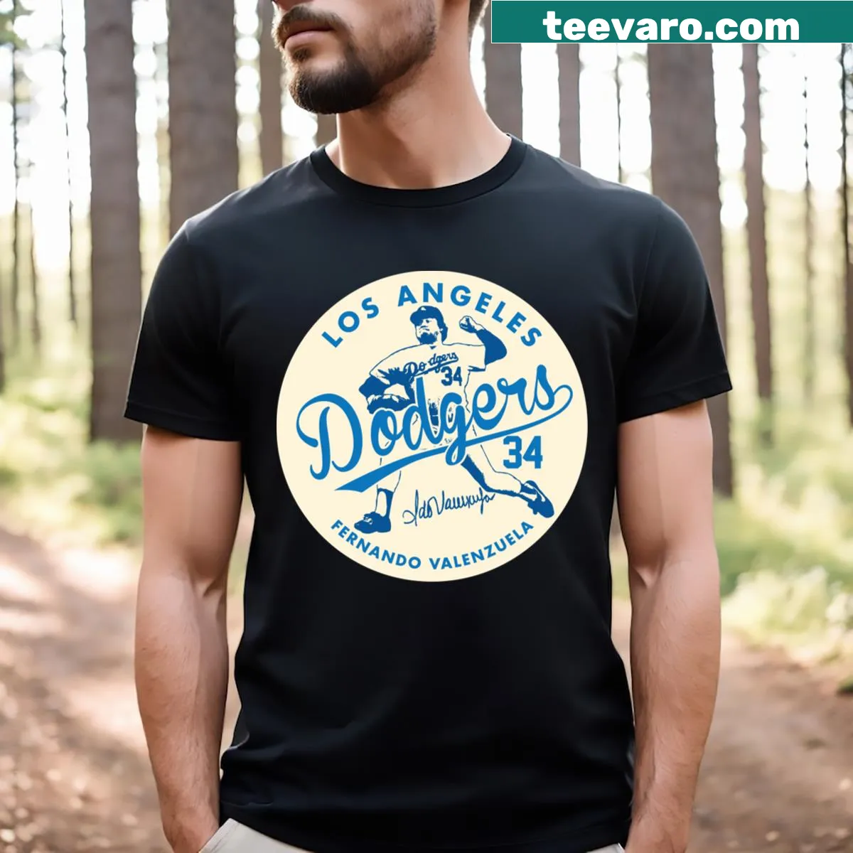 Illustration of Fernando Valenzuela celebrating baseball history — on a men's t-shirt