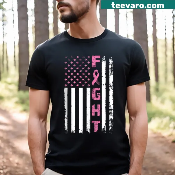 American flag-themed breast cancer awareness T-shirt with inspiring message