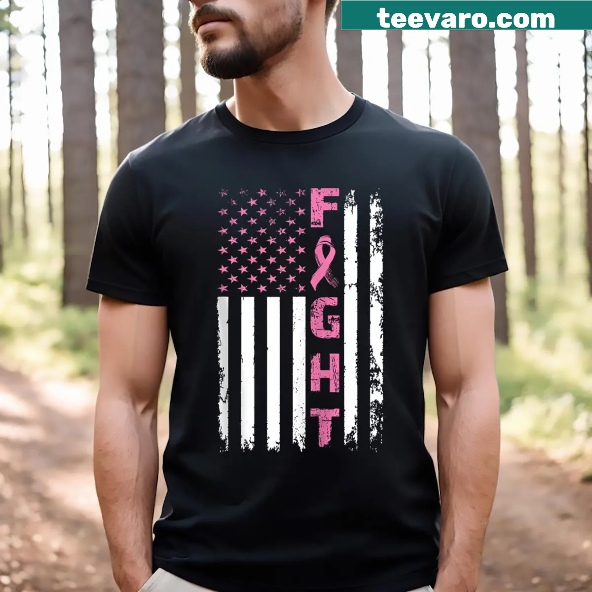 American flag-themed breast cancer awareness T-shirt with inspiring message — on a men's t-shirt