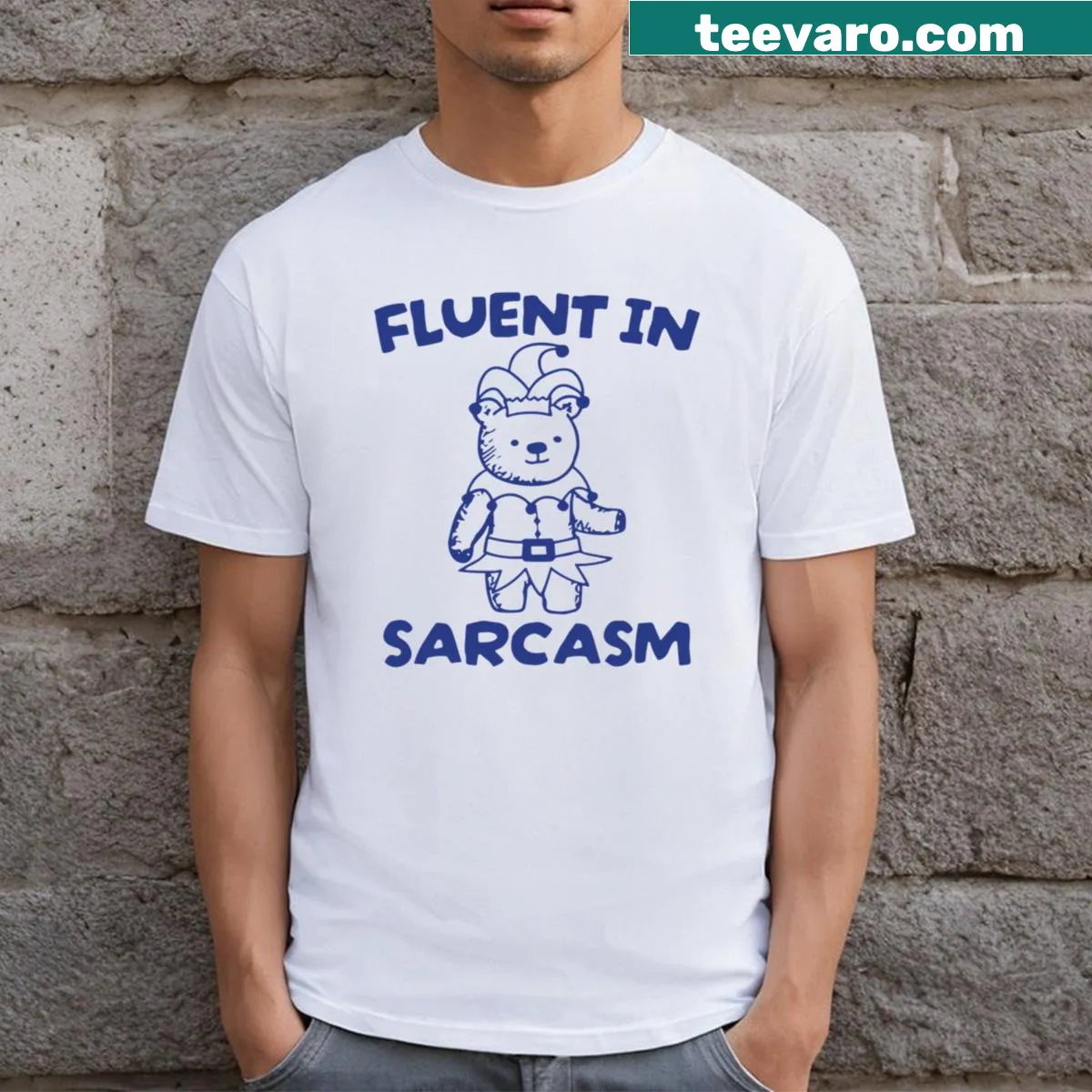 Cartoon bear with 'Fluent In Sarcasm' text T-shirt — on a men's t-shirt