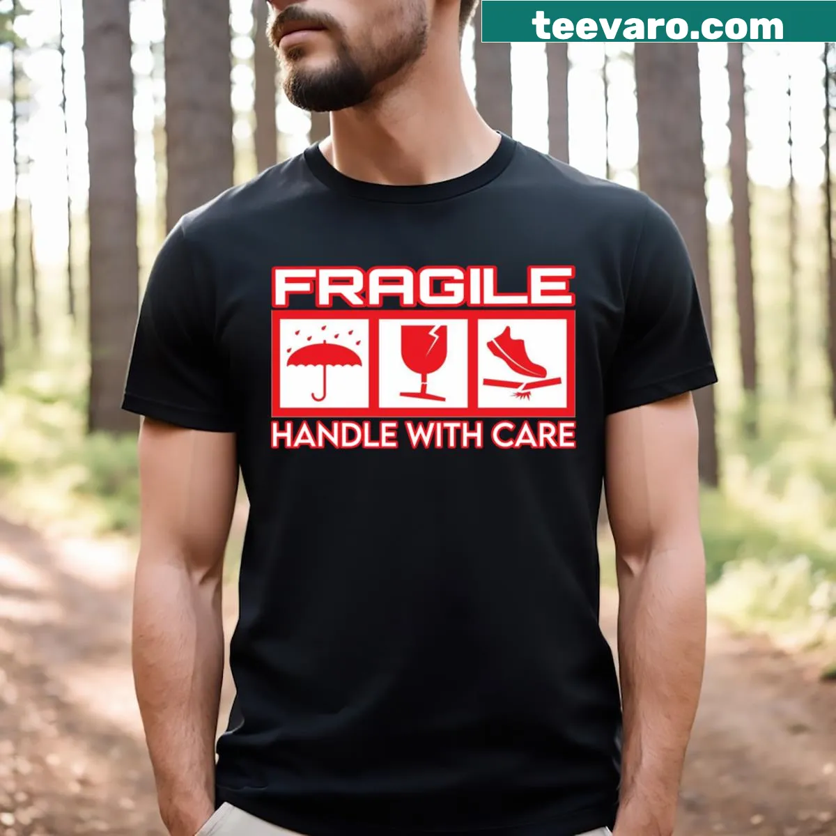 Humorous T-shirt with the bold word Fragile in typography — on a men's t-shirt