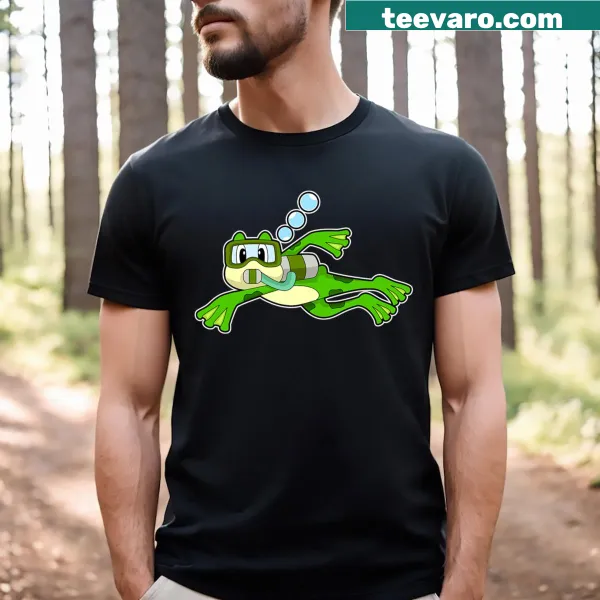 Playful t-shirt with a frog diving and an oxygen bottle graphic
