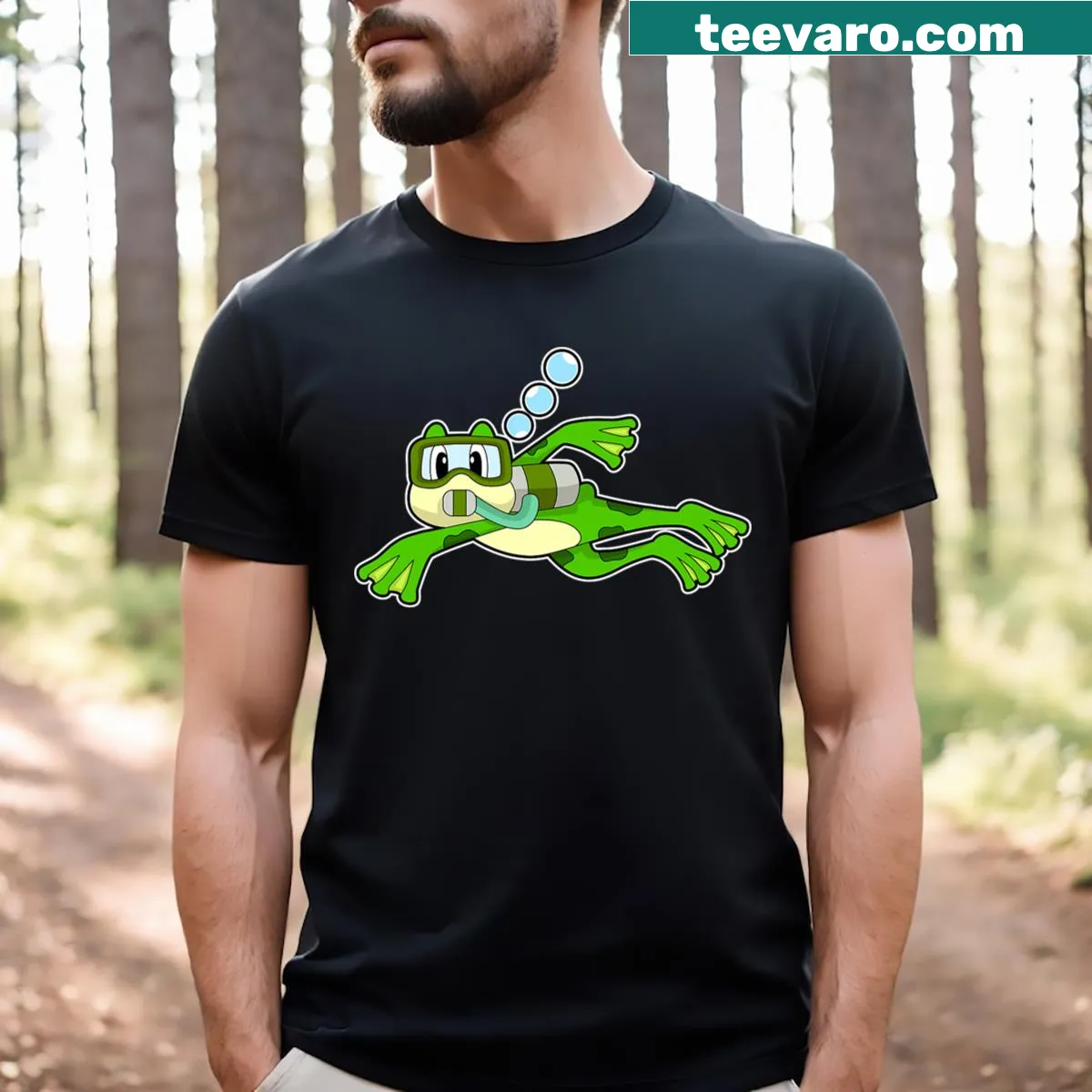 Playful t-shirt with a frog diving and an oxygen bottle graphic — on a men's t-shirt