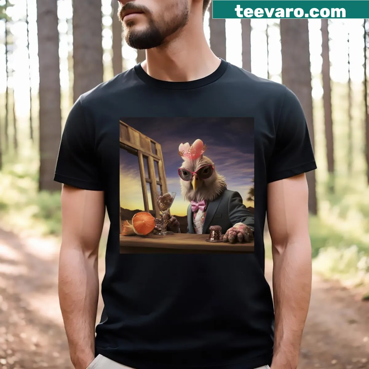 Cartoon animals partying and drinking cocktails on a festival-themed tee — on a men's t-shirt