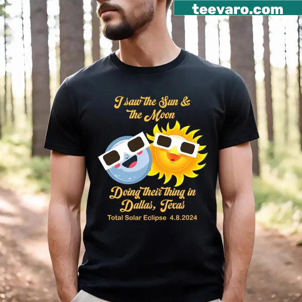 Cartoon sun and moon graphic for Dallas total solar eclipse t-shirt