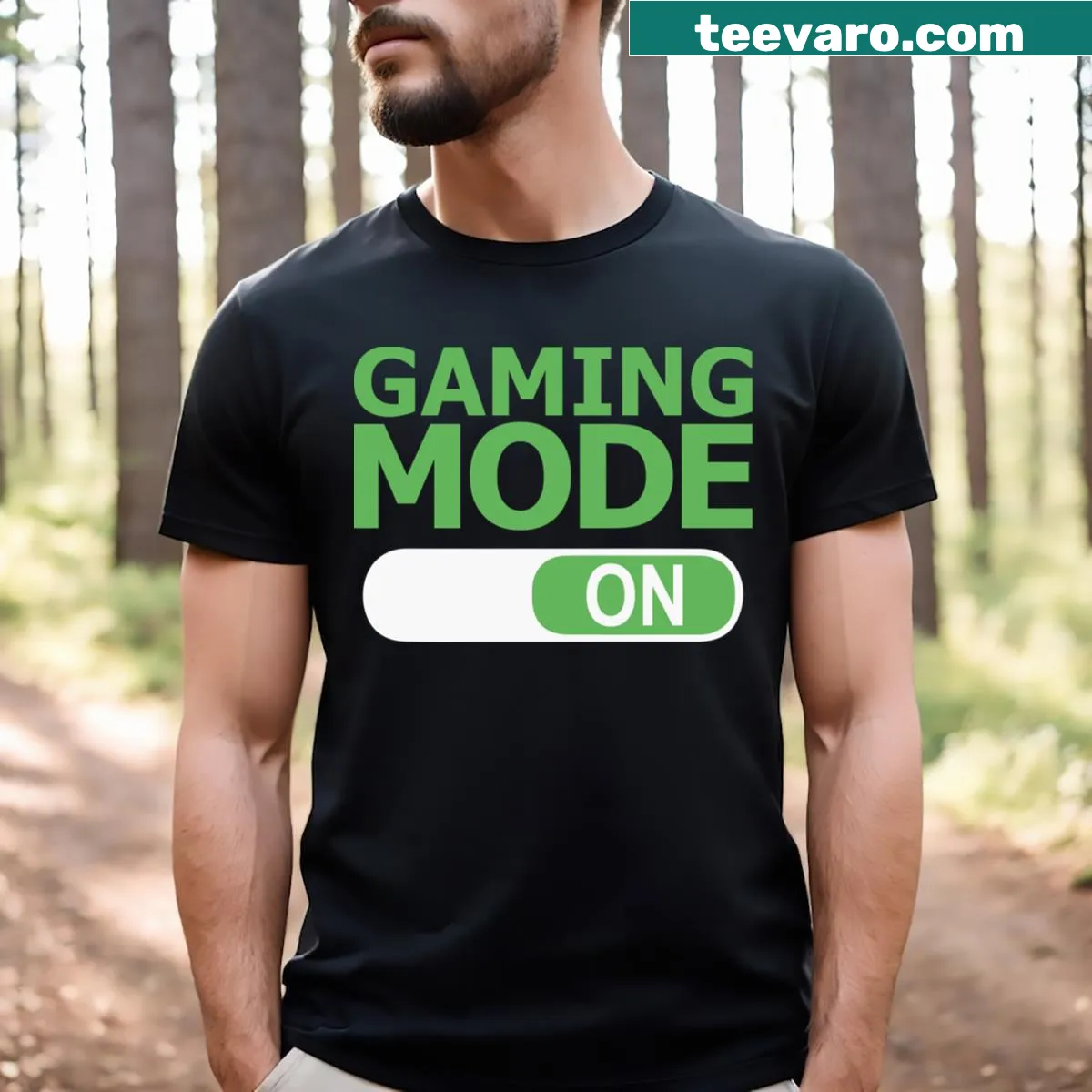 Funny t-shirt with 'Gaming Mode On' text — on a men's t-shirt