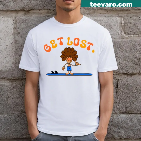 Surfer-themed t-shirt with text 'Get Lost Surfer Dude'
