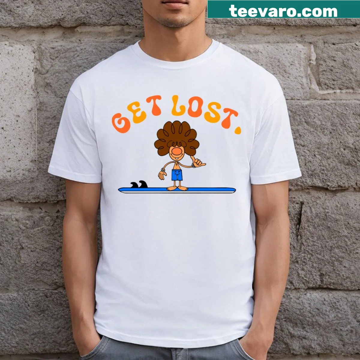 Surfer-themed t-shirt with text 'Get Lost Surfer Dude' — on a men's t-shirt