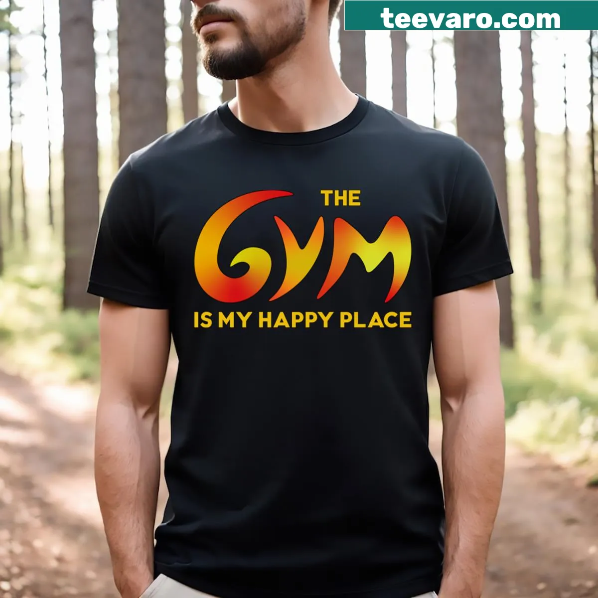 Typography T-shirt stating 'Gym Is My Happy Place' — on a men's t-shirt