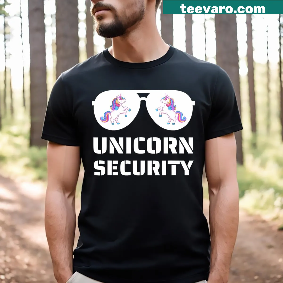 Unicorn Security graphic shirt for Halloween with playful text — on a men's t-shirt
