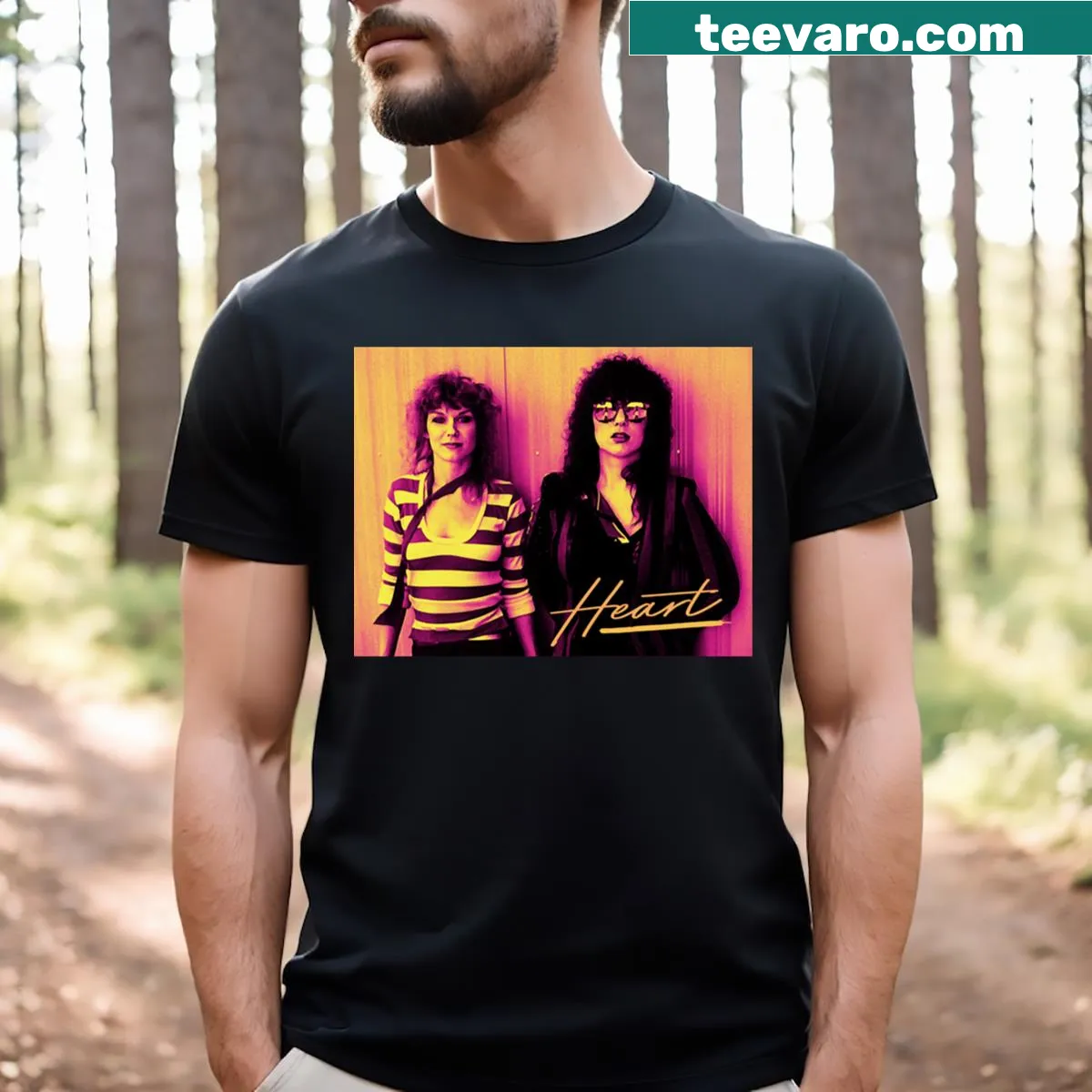 Retro T-shirt celebrating 80s heart bands with vintage graphics — on a men's t-shirt
