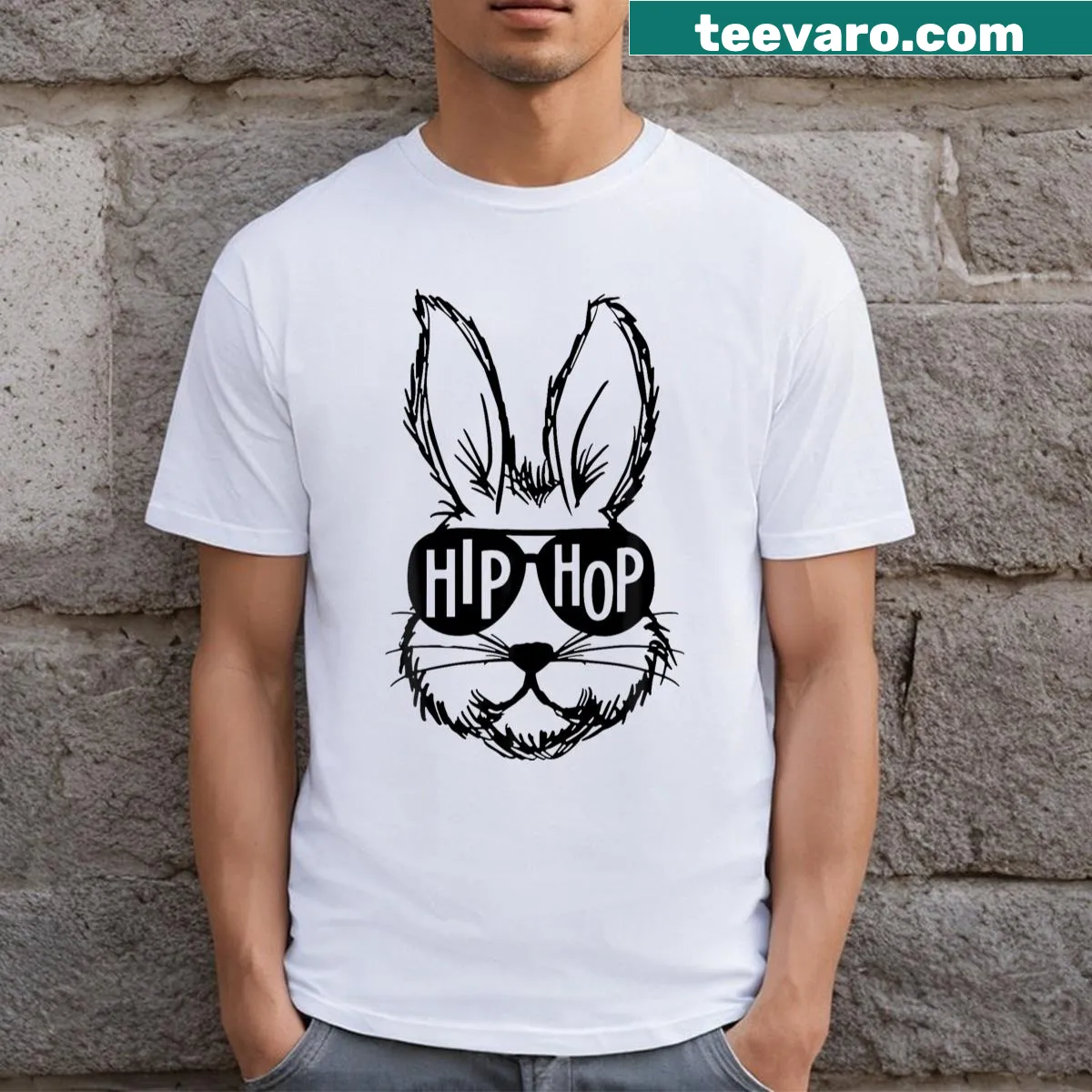 Hip hop bunny with sunglasses and Easter eggs graphic t-shirt — on a men's t-shirt