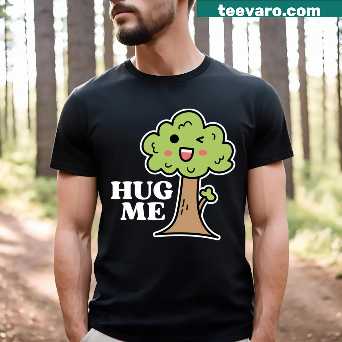 Cute tree hugging design on a t-shirt promoting nature. — on a men's t-shirt