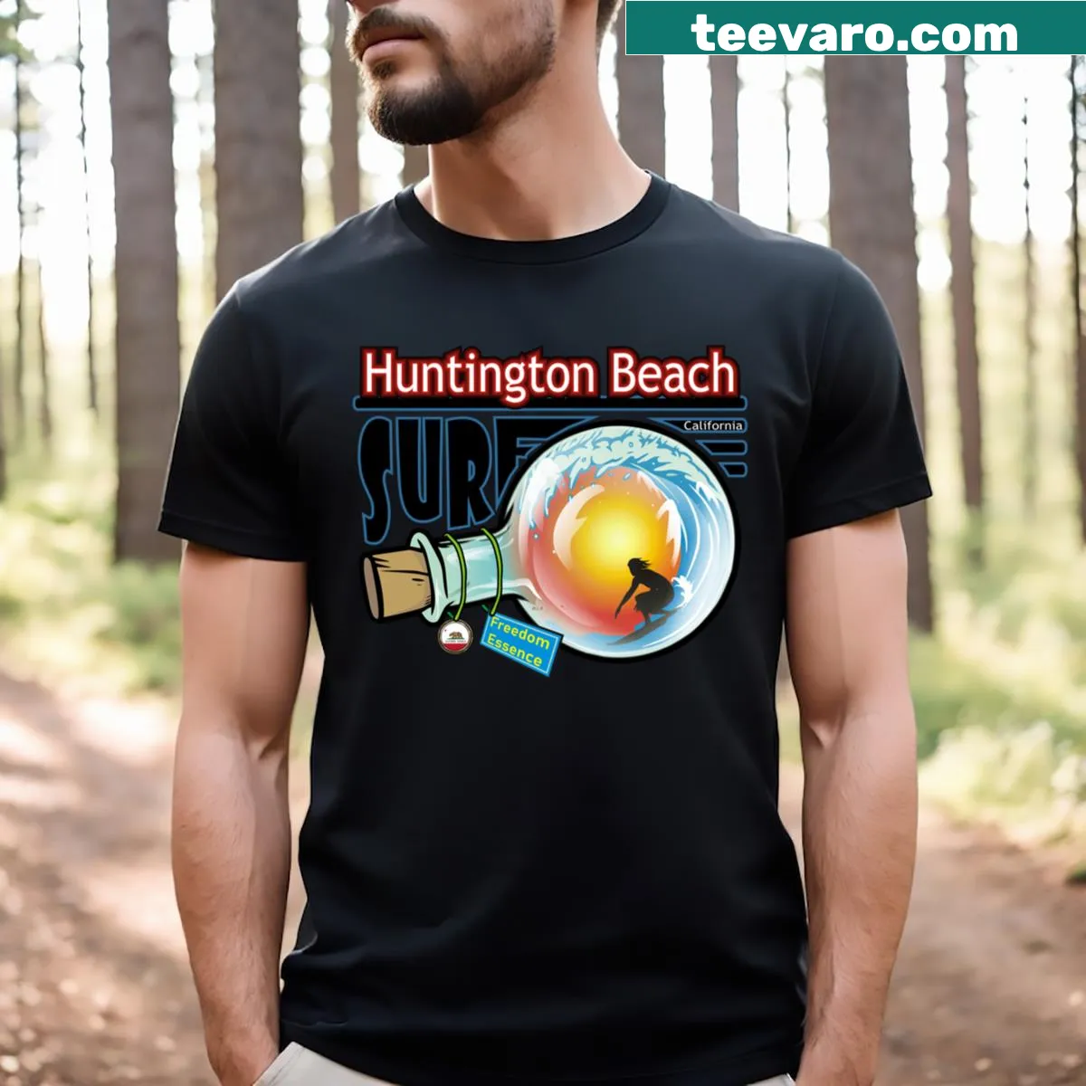 Surf-themed Huntington Beach graphic on a t-shirt. — on a men's t-shirt