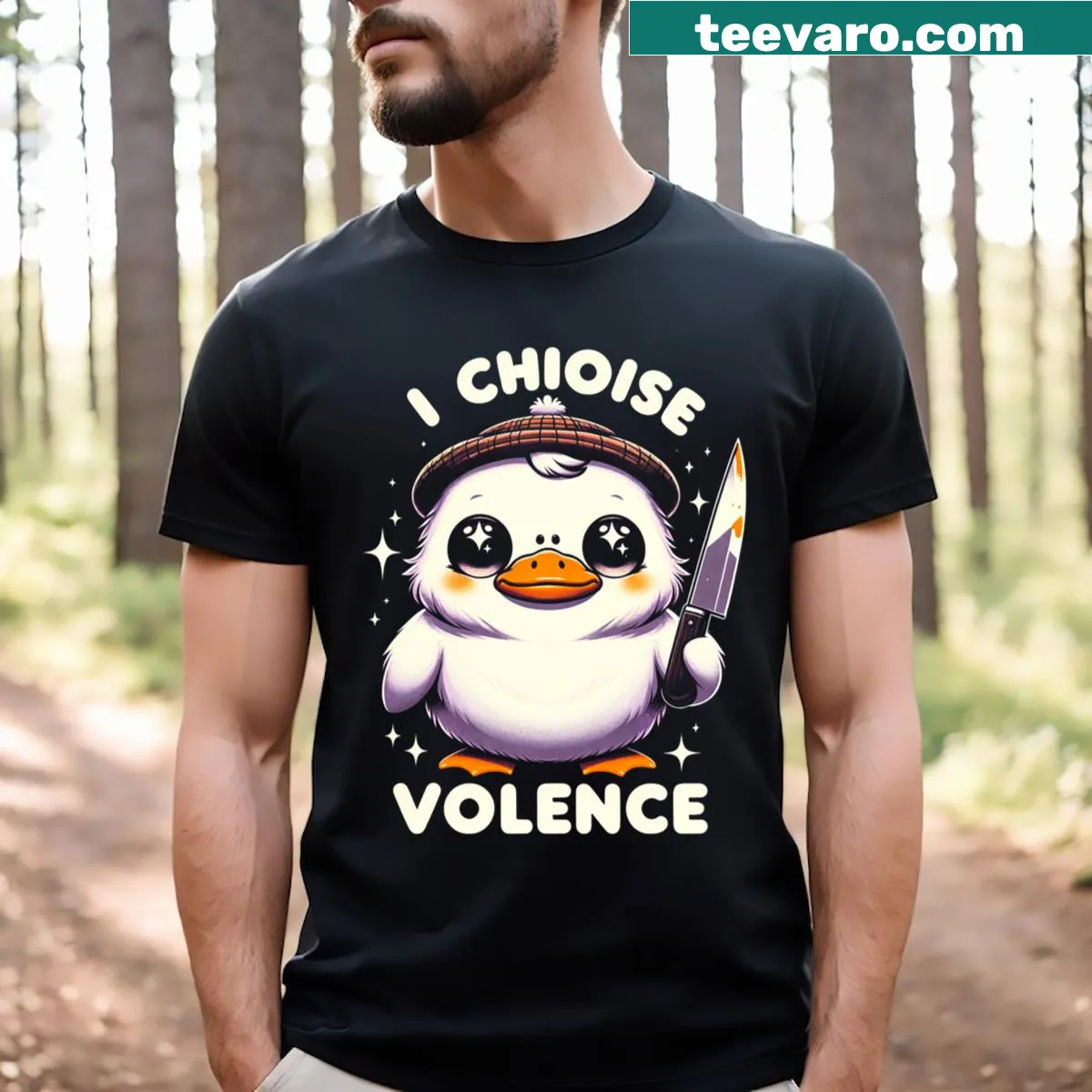 Humorous duck t-shirt with a cartoon knife-wielding duck — on a men's t-shirt