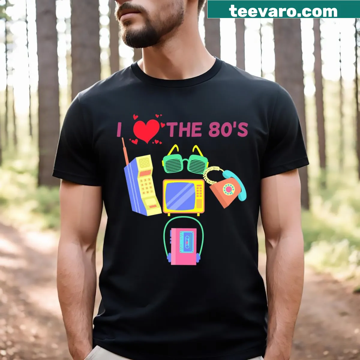 Vintage-style t-shirt celebrating the 80s theme — on a men's t-shirt