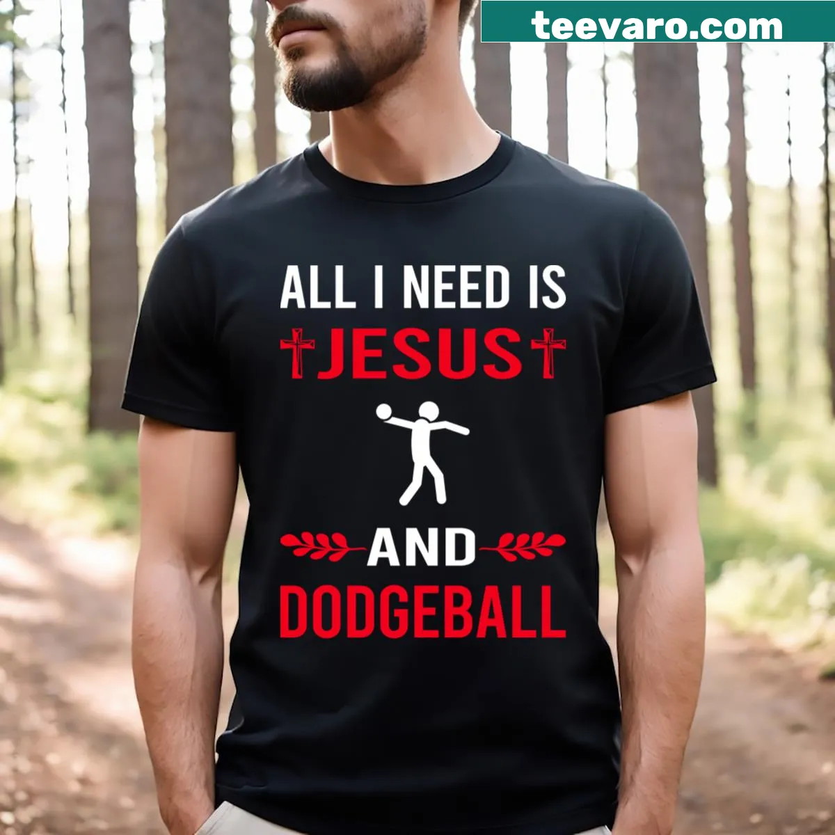 T-shirt with the phrase 'I Need Jesus And Dodgeball' — on a men's t-shirt