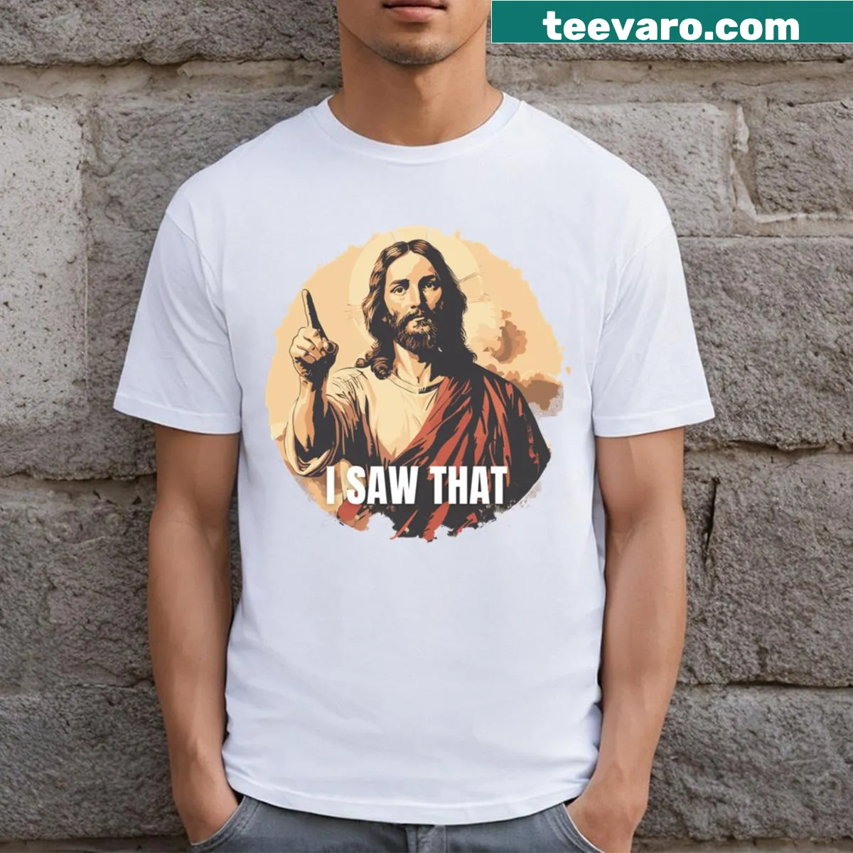 T-shirt featuring the phrase 'I Saw That Jesus' in a playful font — on a men's t-shirt