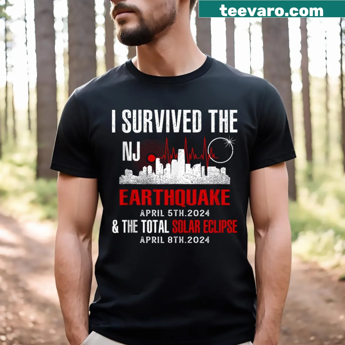 Funny t-shirt stating survival of an earthquake and eclipse — on a men's t-shirt