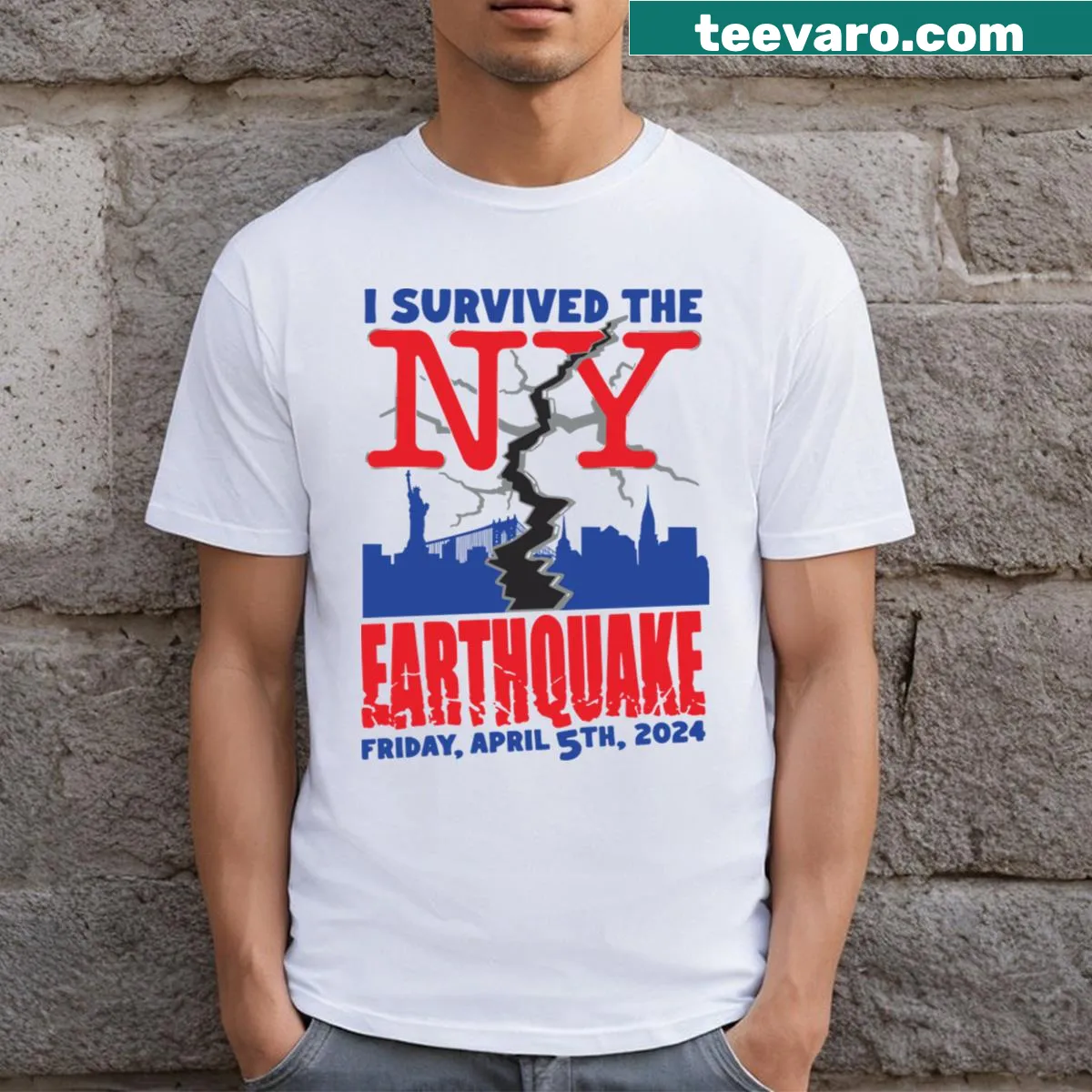 T-shirt commemorating the NYC earthquake on April 5th, 2024 — on a men's t-shirt