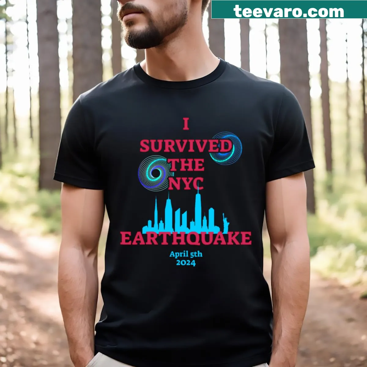 T-shirt commemorating surviving the NYC earthquake — on a men's t-shirt