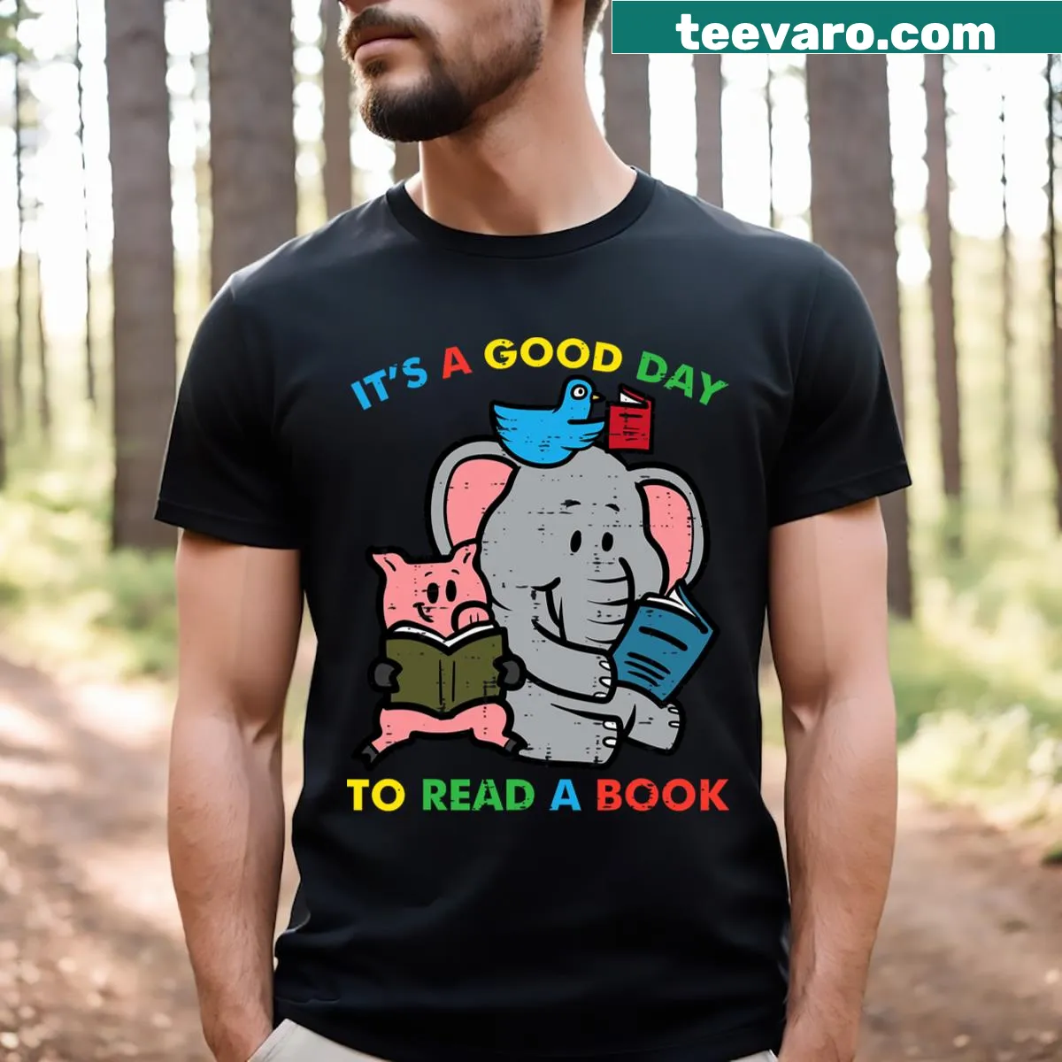 Illustrated t-shirt with animals reading books, perfect for kids — on a men's t-shirt