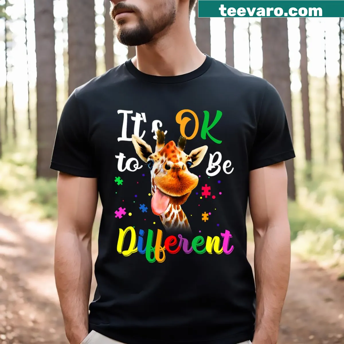 Cute cartoon giraffe T-shirt with the phrase 'It's Ok To Be Different' — on a men's t-shirt