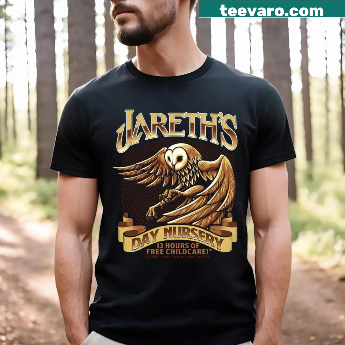Labyrinth-inspired T-shirt with whimsical illustrations — on a men's t-shirt