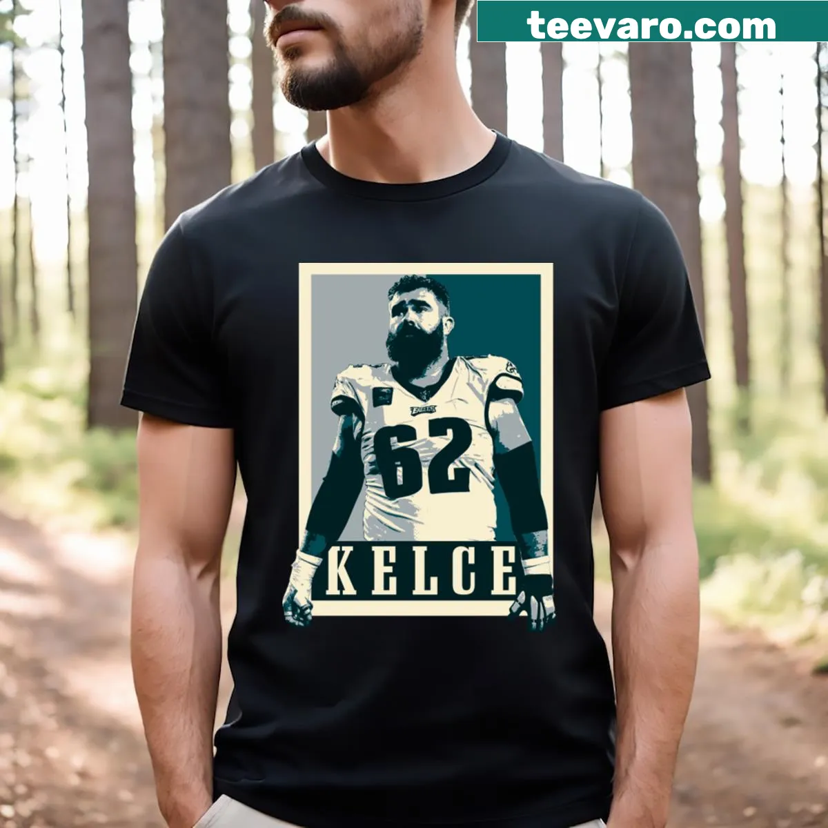 Pop art style T-shirt featuring Jason Kelce in a bold graphic. — on a men's t-shirt